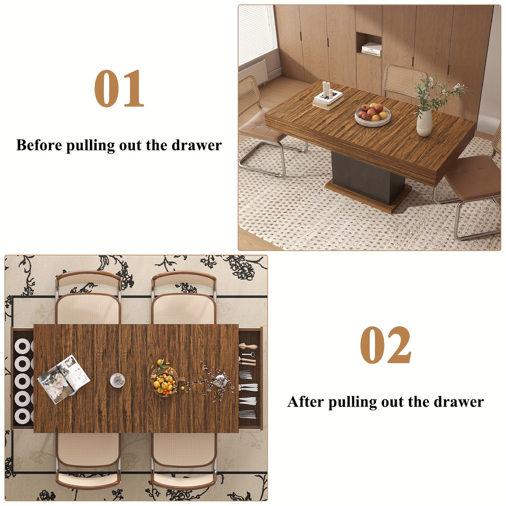 Dining Table for 6 People, Large Rectangular Wood Kitchen Table with 2 Drawers