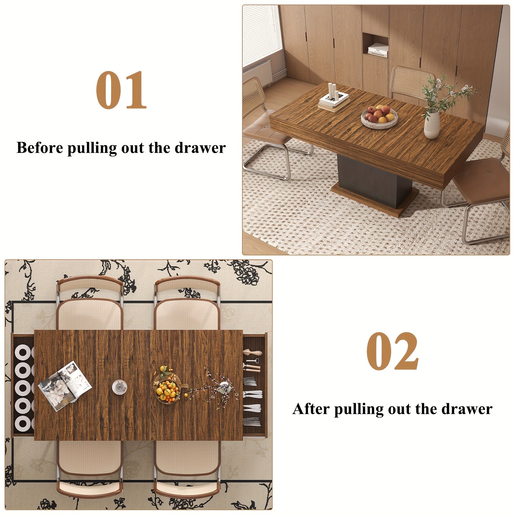 Dining Table for 6 People, Large Rectangular Wood Kitchen Table with 2 Drawers