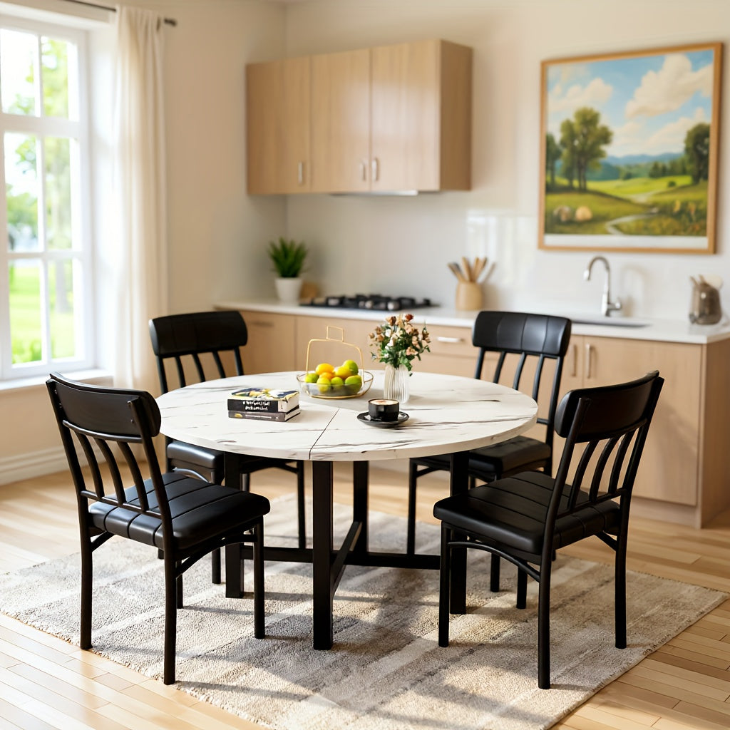 5pcs Dining Table And Chairs Set - Wooden Circle Table With 4 Faux Leather Seats, Kitchen Or Small Dining Spaces