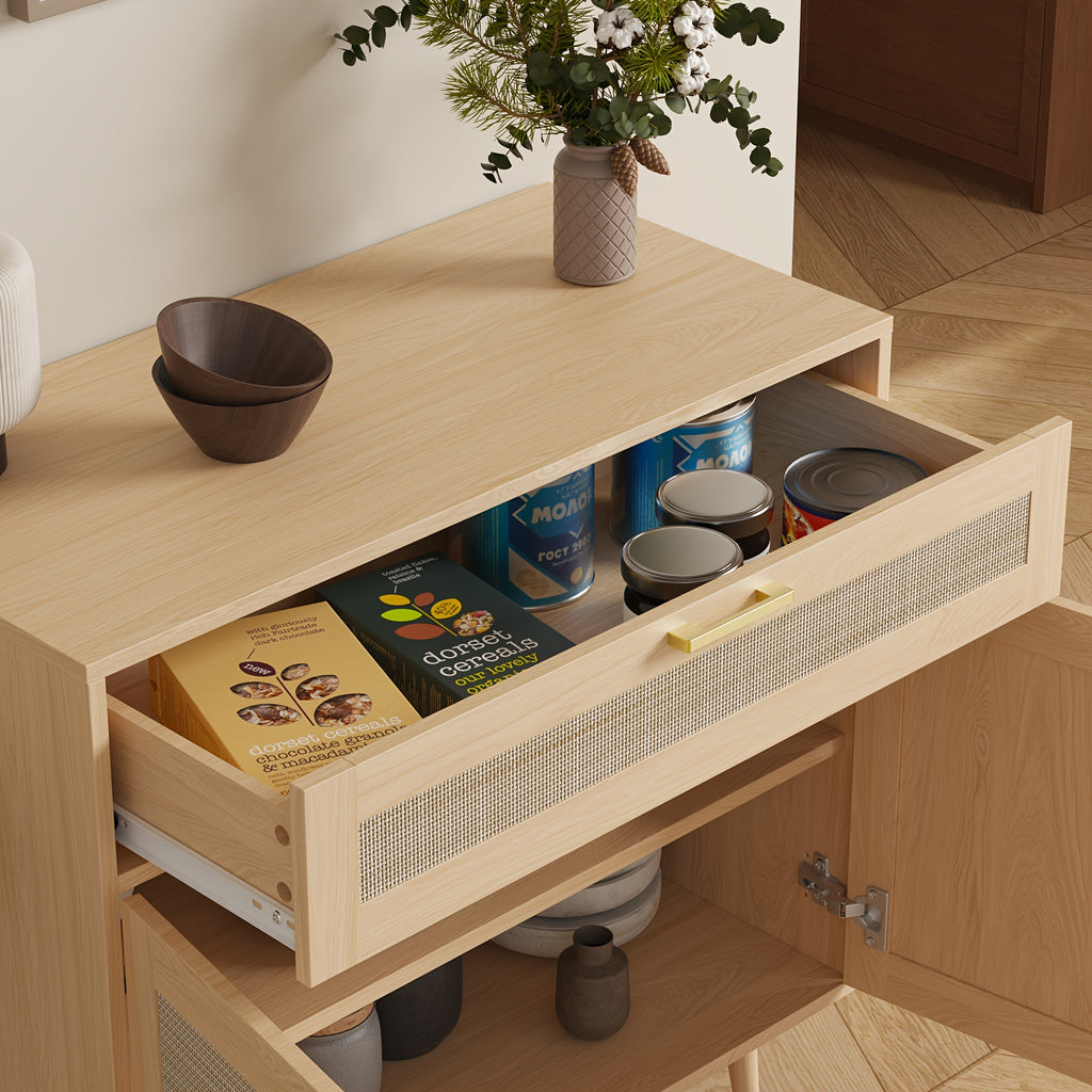 MHOM Rattan Buffet Sideboard Cabinet with Storage, Boho Kitchen Cabinet with Drawer & 2 Doors
