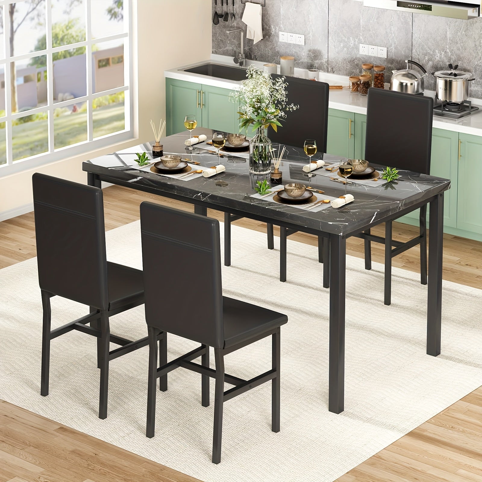 CVORTLL Modern Faux Marble Table Set with Black Metal Frame - Rectangular Dining Table and Chairs