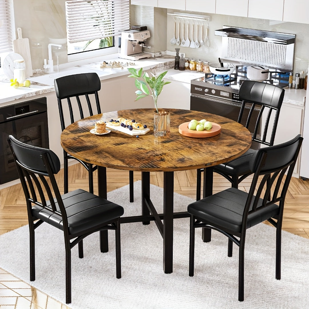 5pcs Dining Table And Chairs Set - Wooden Circle Table With 4 Faux Leather Seats, Kitchen Or Small Dining Spaces
