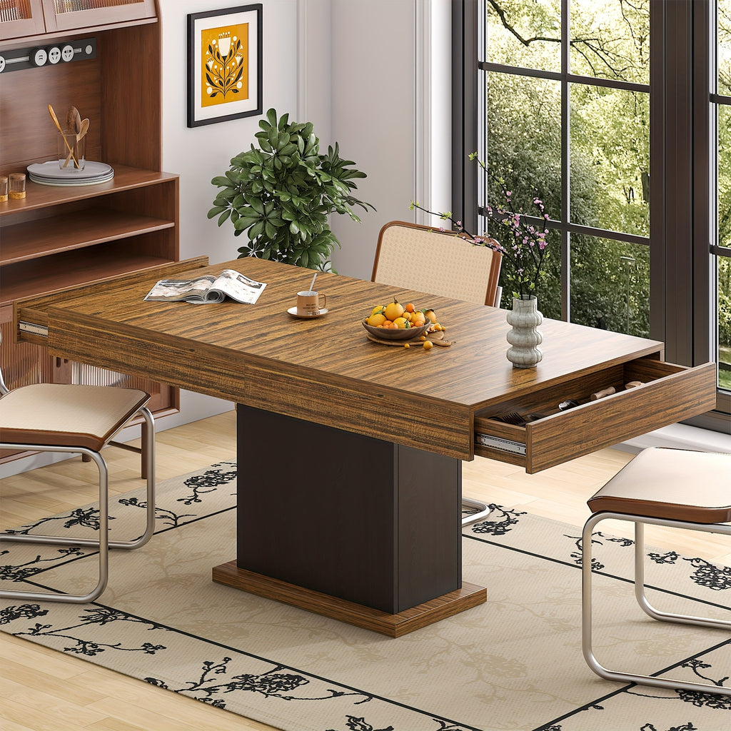 Dining Table for 6 People, Large Rectangular Wood Kitchen Table with 2 Drawers