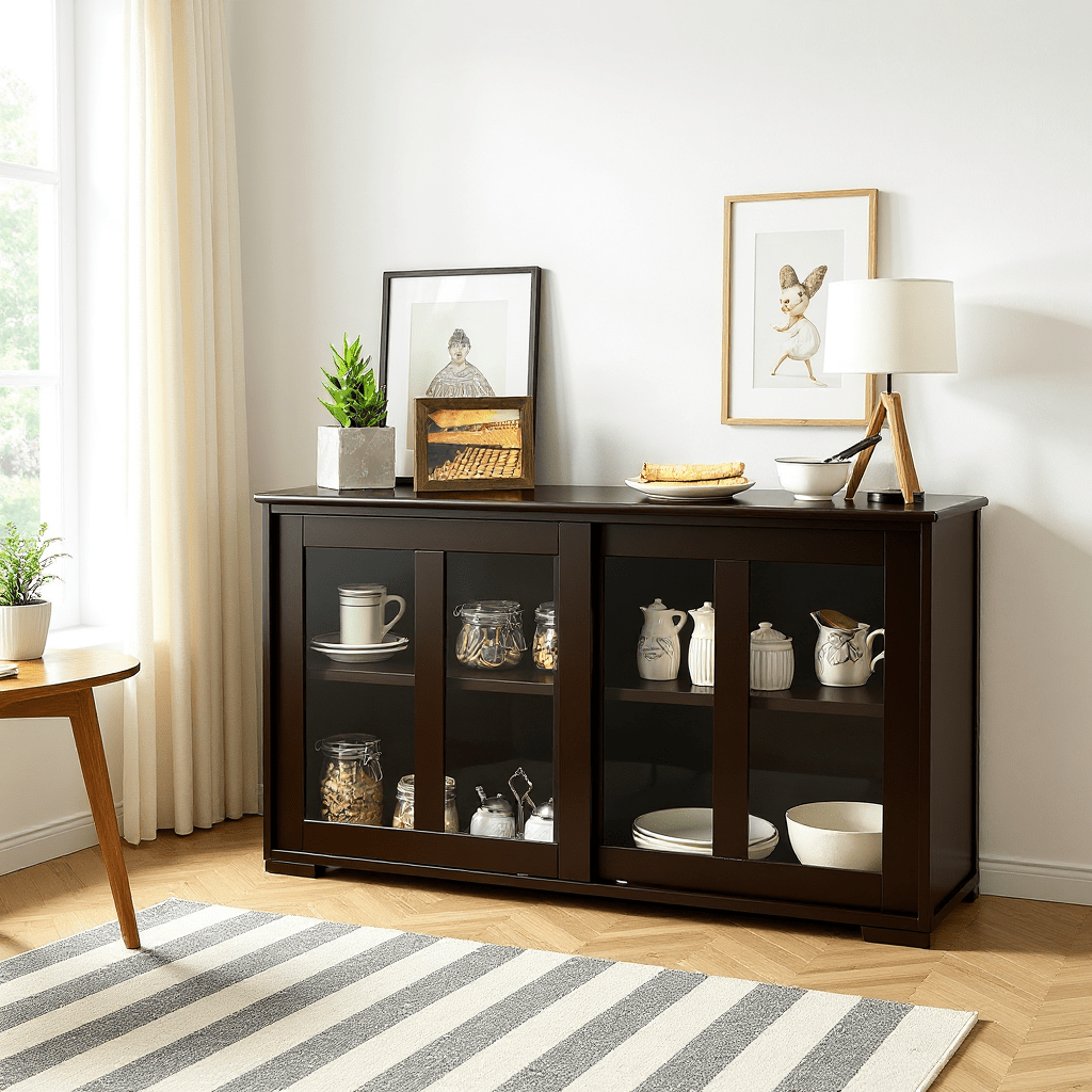 COSTWAY Modern Buffet Sideboard with Sliding Glass Doors & Adjustable Shelf - Heavy-Duty Storage Cabinet