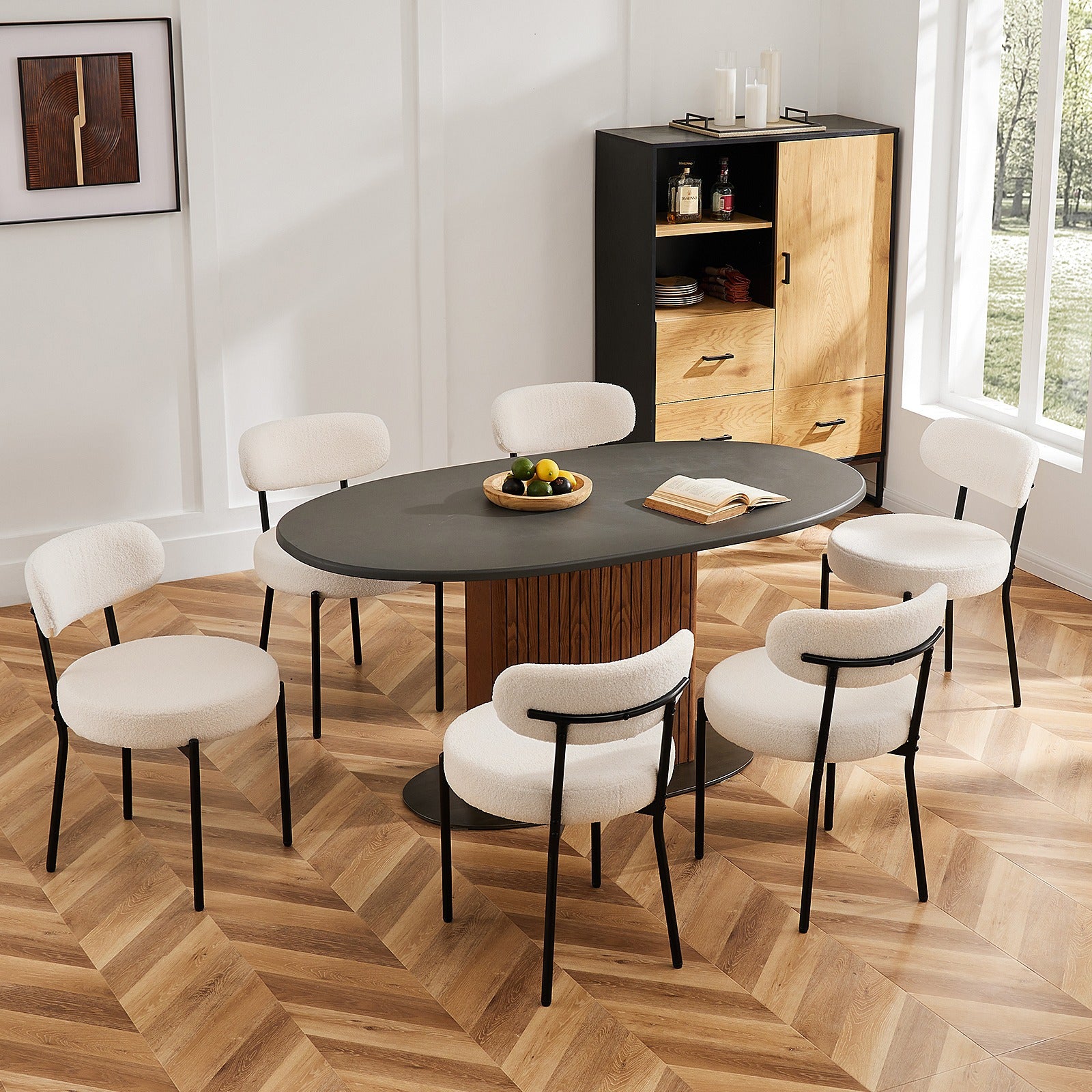 Dining Chairs Set of 2, Boucle Upholstered Kitchen Chairs with Curved Backrest & Metal Legs