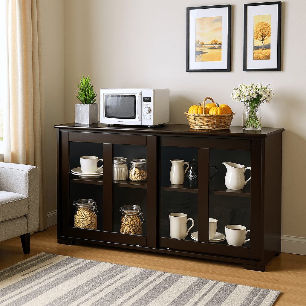 COSTWAY Modern Buffet Sideboard with Sliding Glass Doors & Adjustable Shelf - Heavy-Duty Storage Cabinet