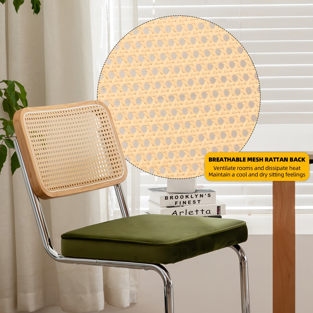 Set of Two Dining Chairs Featuring Velvet And Rattan, Designed with Chrome Legs