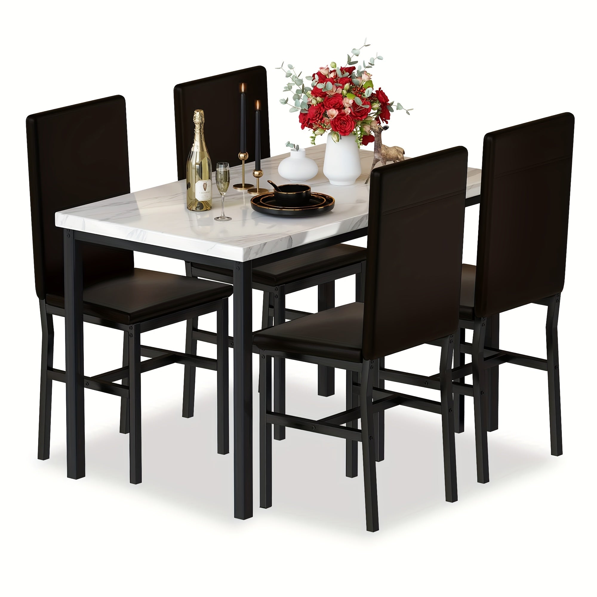 CVORTLL Modern Faux Marble Table Set with Black Metal Frame - Rectangular Dining Table and Chairs