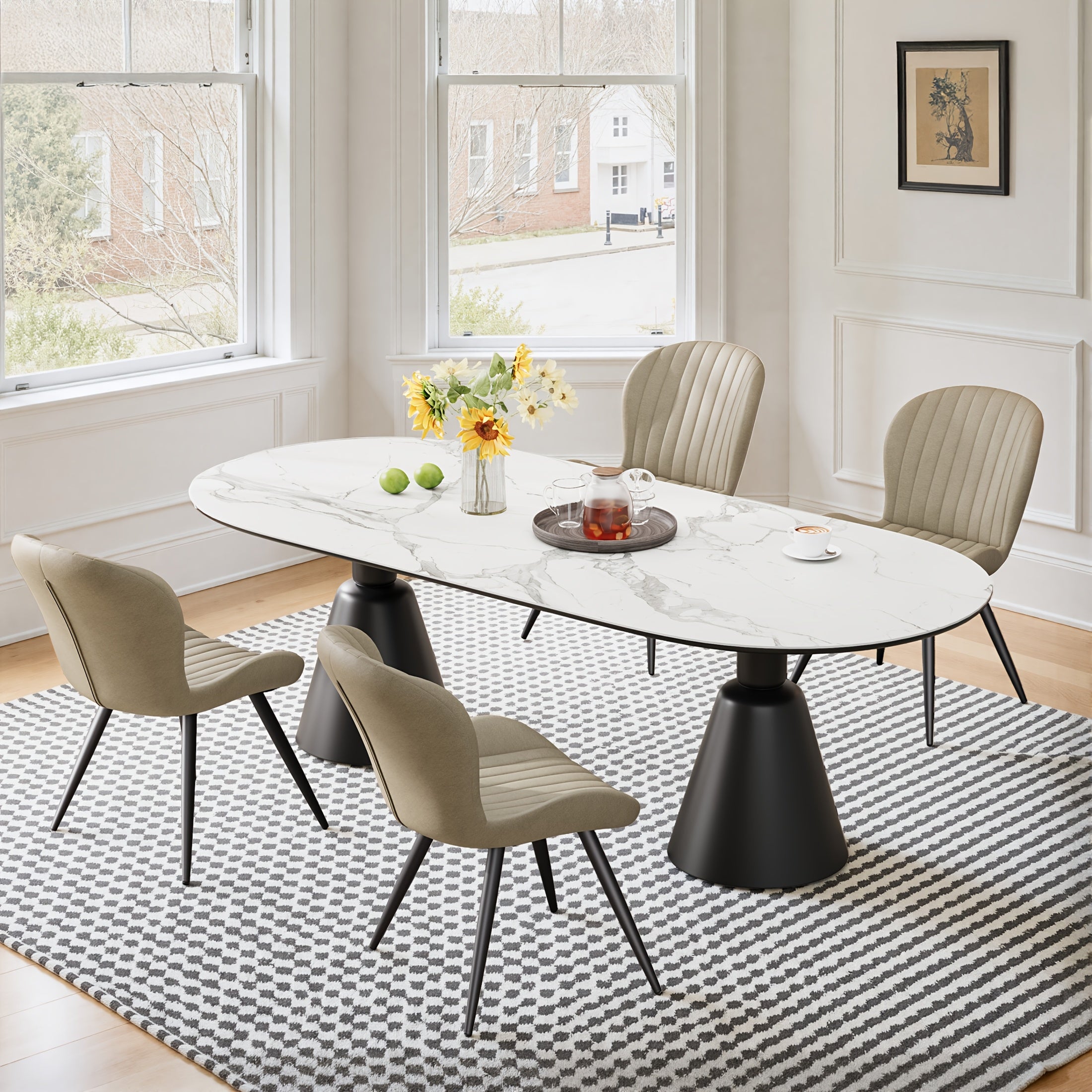 Set Of 2\u002F4 Dining Chairs, Boucle Upholstered Kitchen Chairs with Curved Backrest & Metal Legs