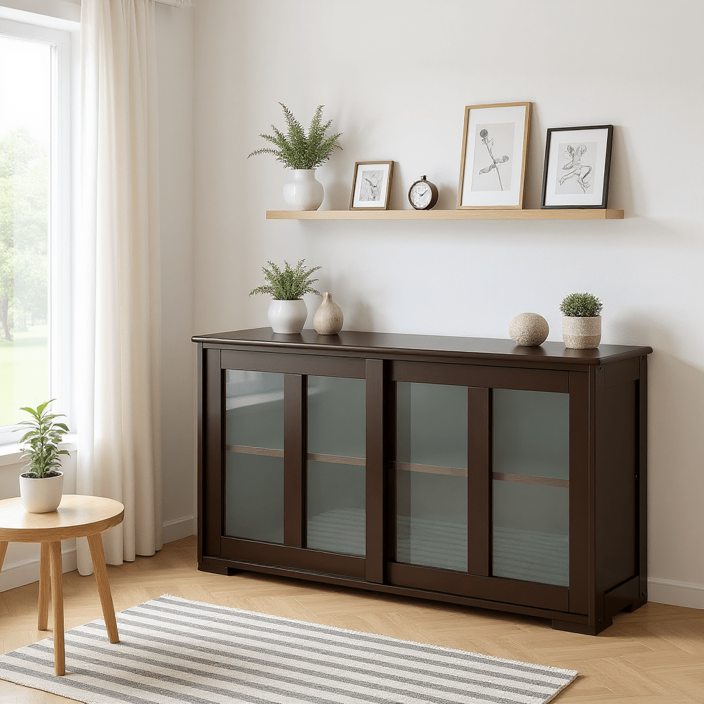 COSTWAY Modern Buffet Sideboard with Sliding Glass Doors & Adjustable Shelf - Heavy-Duty Storage Cabinet