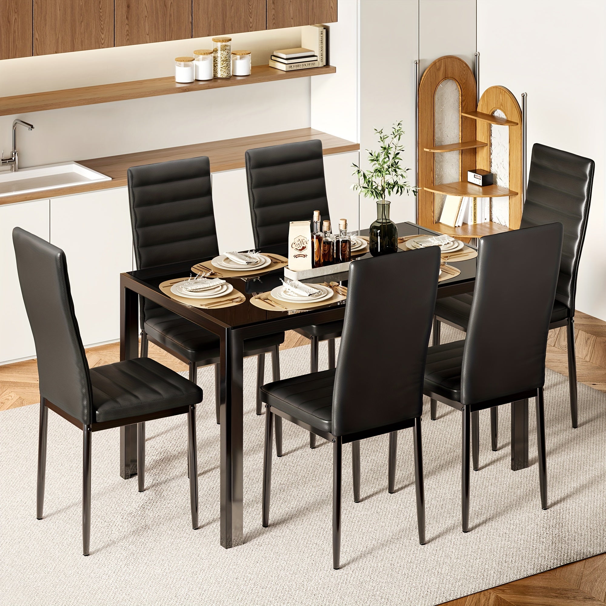 Glass Dining Table Sets for 6, 7pcs Kitchen Table and Chairs Set for 6 Person