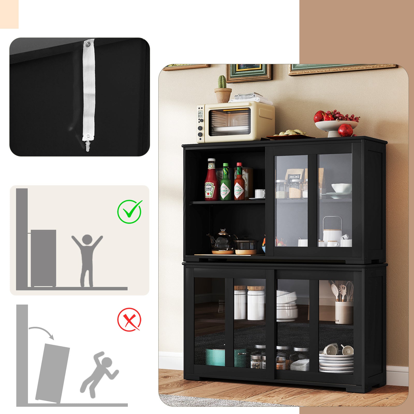 COSTWAY Modern Buffet Sideboard with Sliding Glass Doors & Adjustable Shelf - Heavy-Duty Storage Cabinet