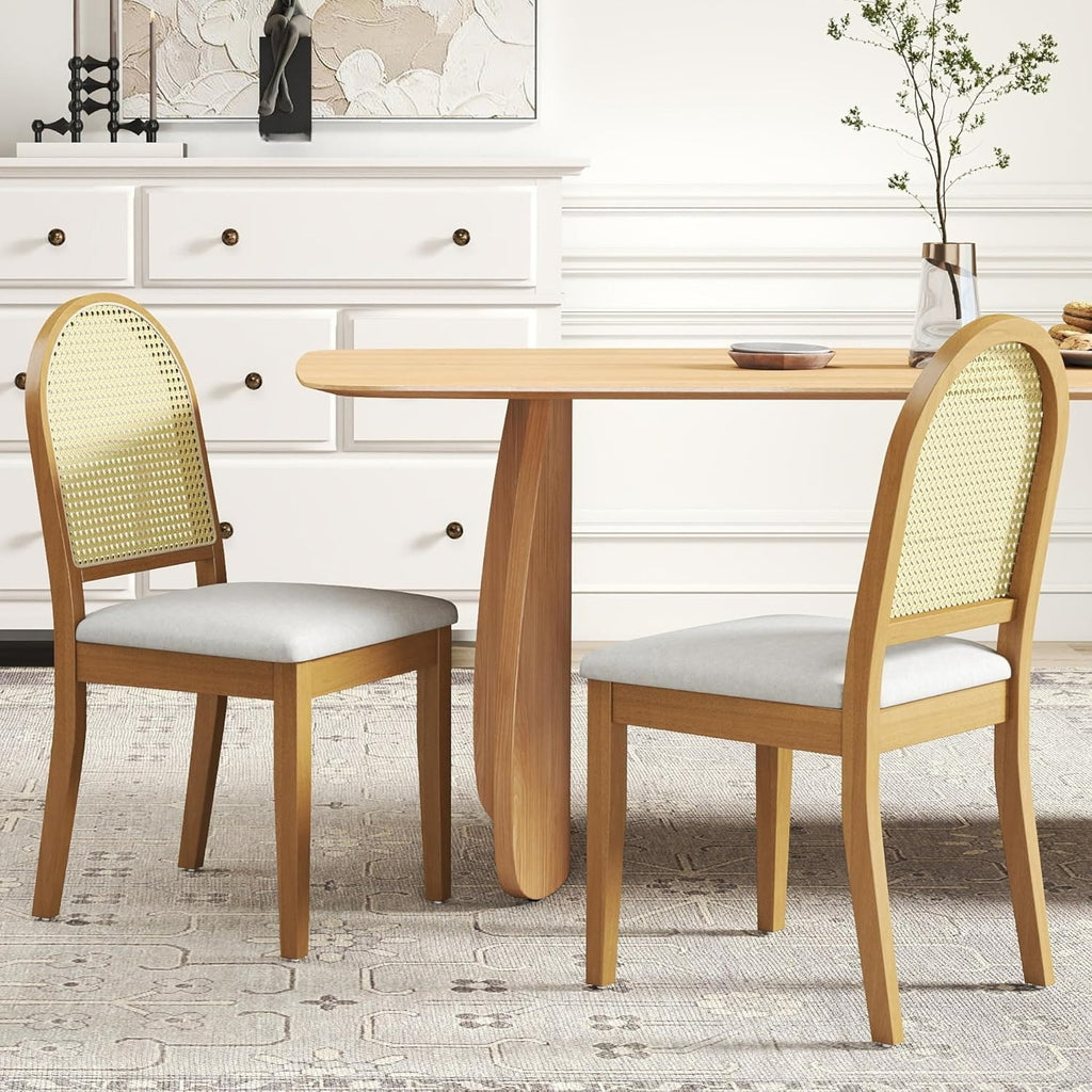 Set of 2 Vintage Farmhouse Dining Chairs with Velvet Upholstery & Rattan Backrests