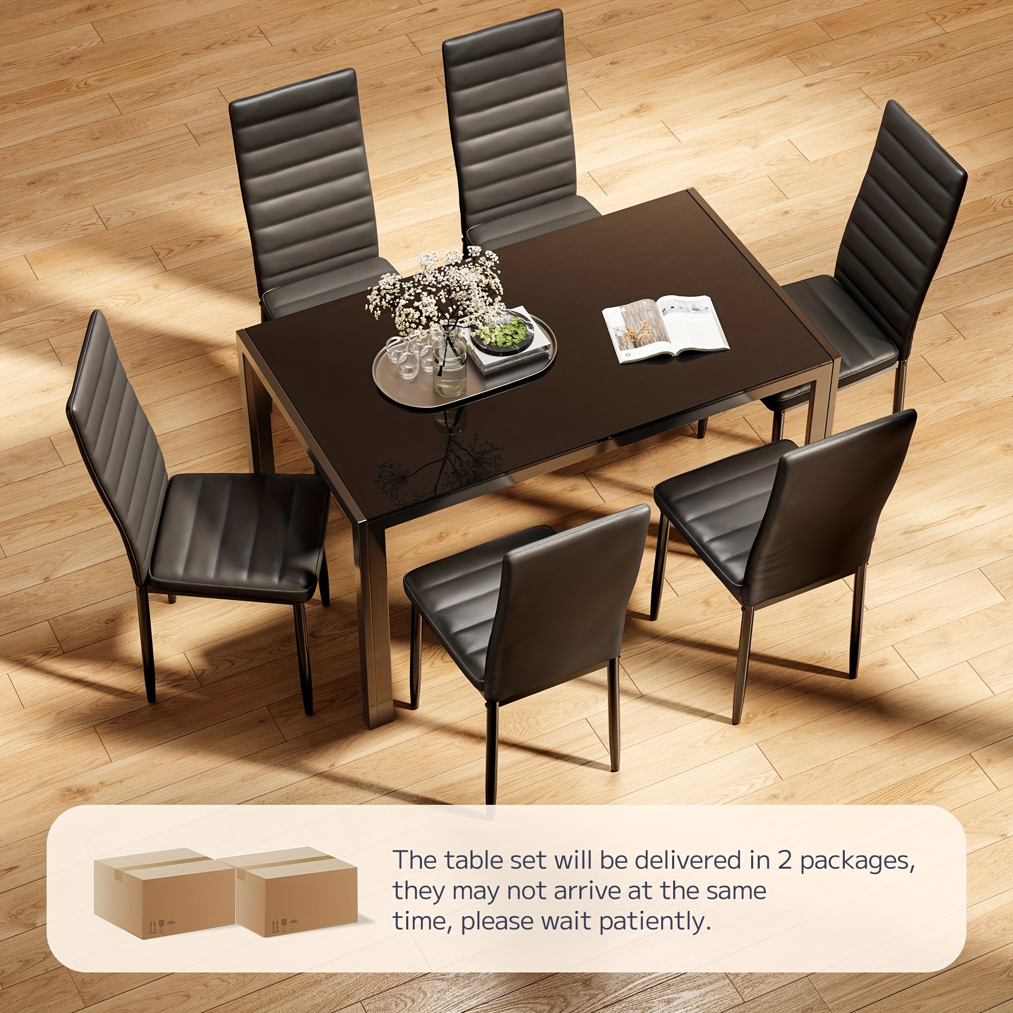 Glass Dining Table Sets for 6, 7pcs Kitchen Table and Chairs Set for 6 Person
