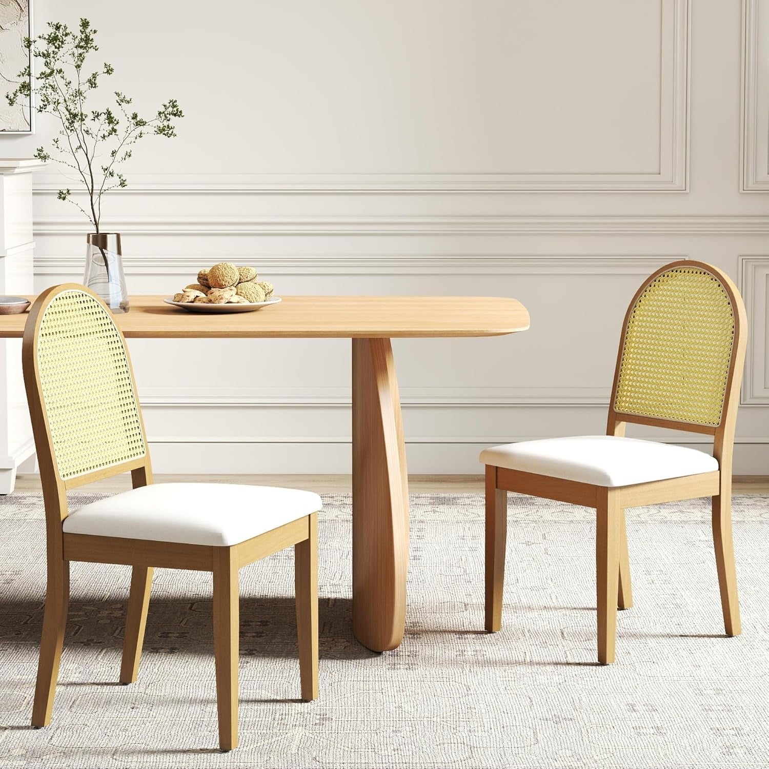 Set of 2 Vintage Farmhouse Dining Chairs with Velvet Upholstery & Rattan Backrests