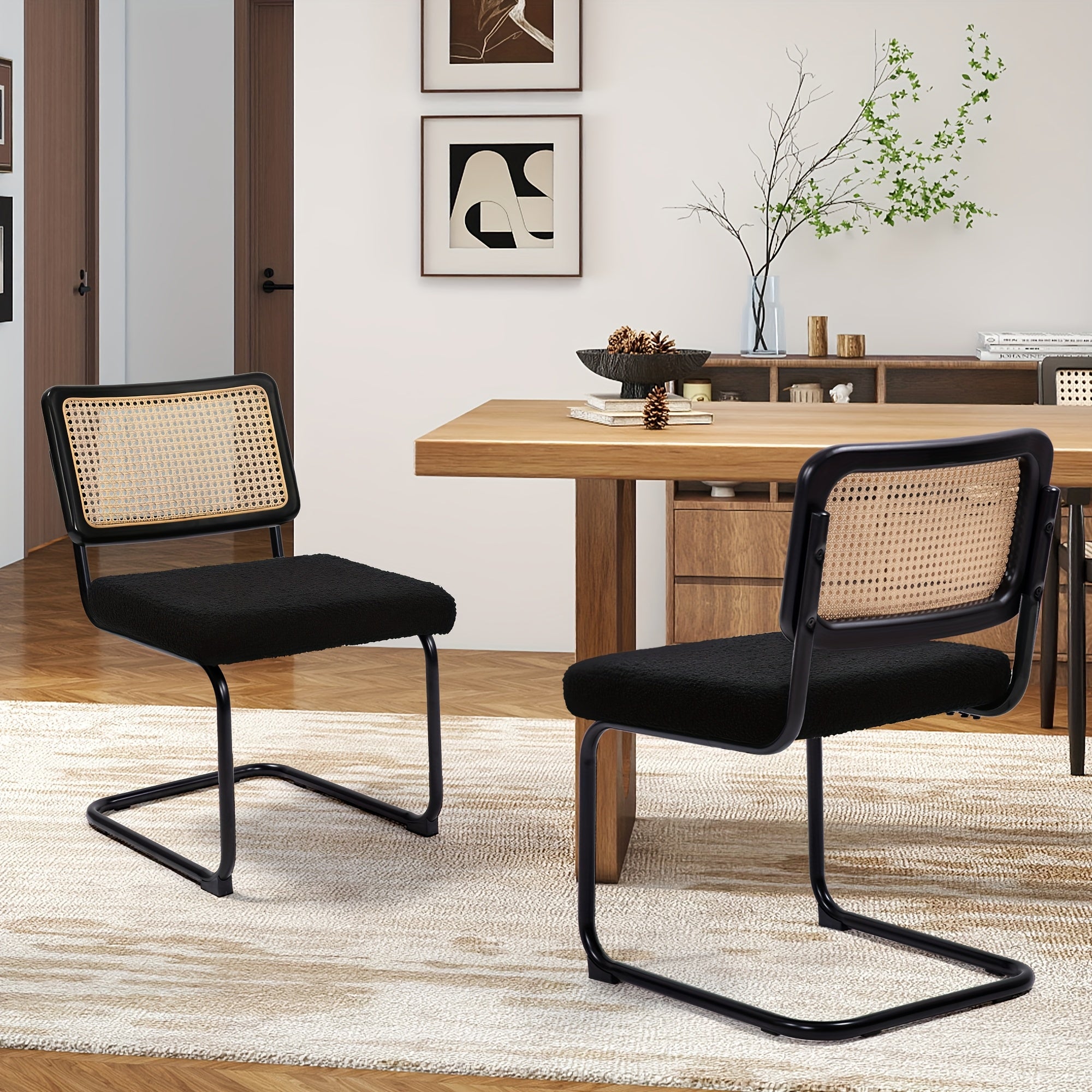 Retro Rattan Dining Chairs, Set Of 2\u002F4, Classic Boho Style Cantilever Kitchen Or Desk Chairs
