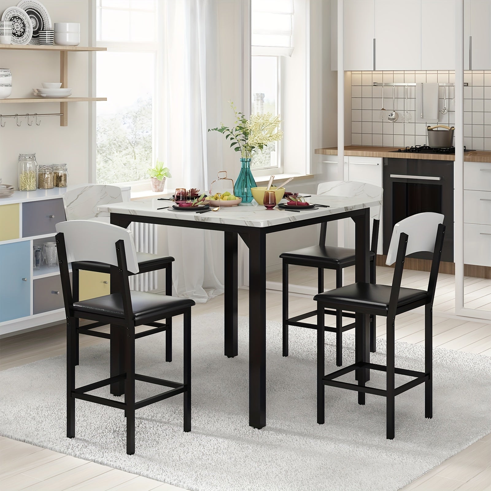 5pcs Dining Table And Chair Set with Imitation Marble Texture