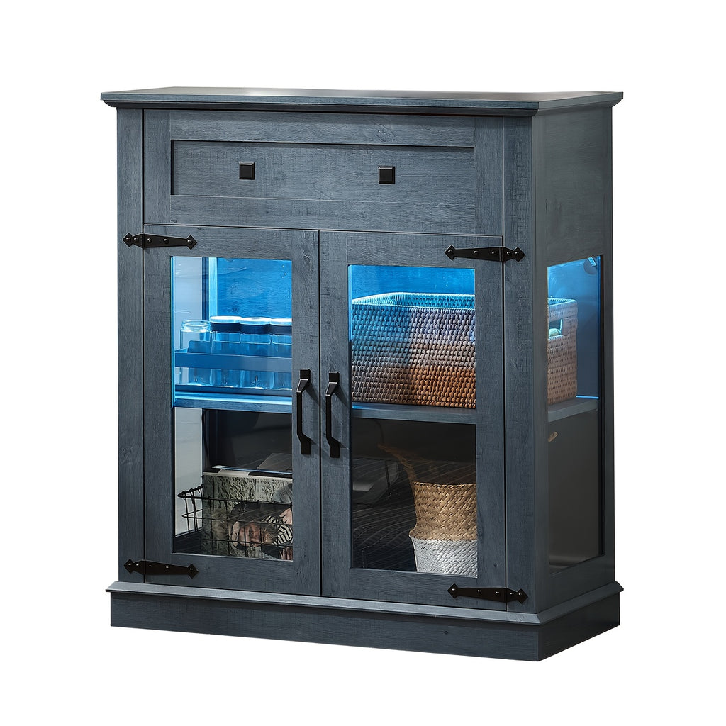 Contemporary Blue Buffet Cabinet with Glass Doors & Adjustable Shelves - 3.2+ Cubic Feet Storage