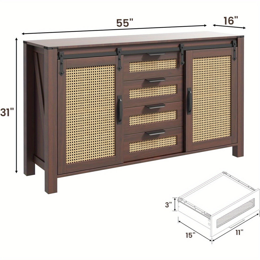 Farmhouse Sideboard Buffet with Sliding Barn Doors & Rattan Details