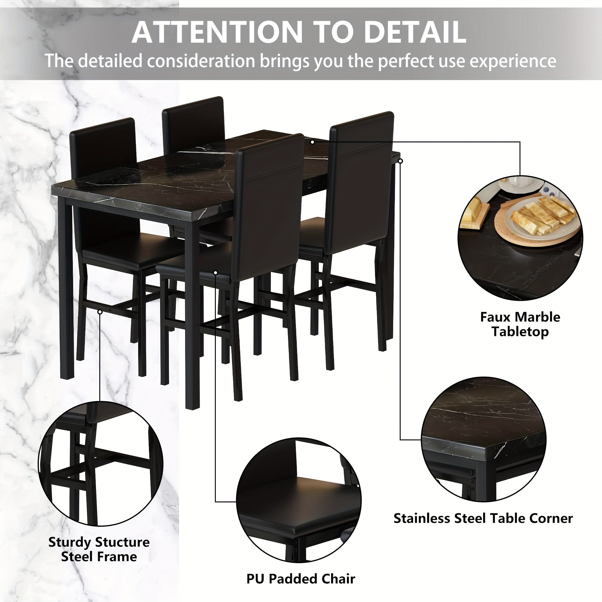 CVORTLL Modern Faux Marble Table Set with Black Metal Frame - Rectangular Dining Table and Chairs