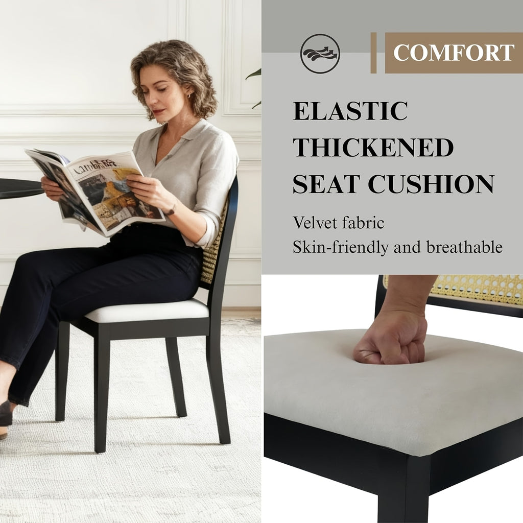 Set of 2 Vintage Farmhouse Dining Chairs with Velvet Upholstery & Rattan Backrests