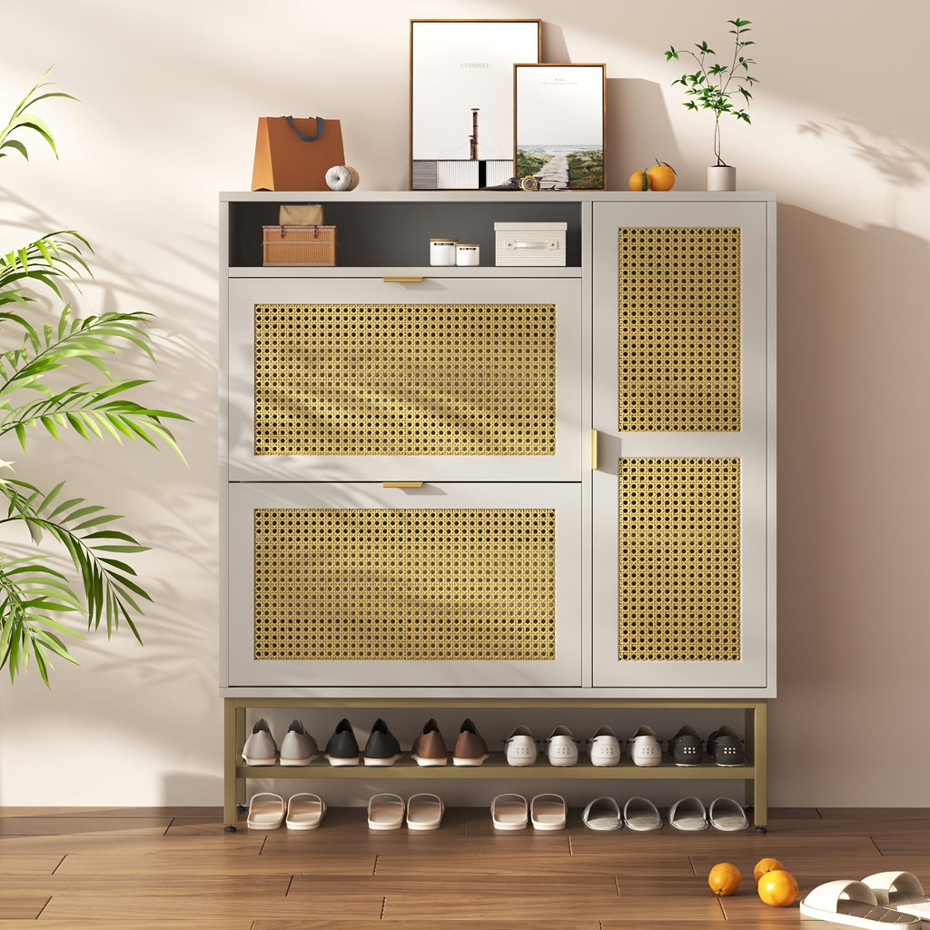 Farmhouse Sideboard Buffet with Sliding Barn Doors & Rattan Details