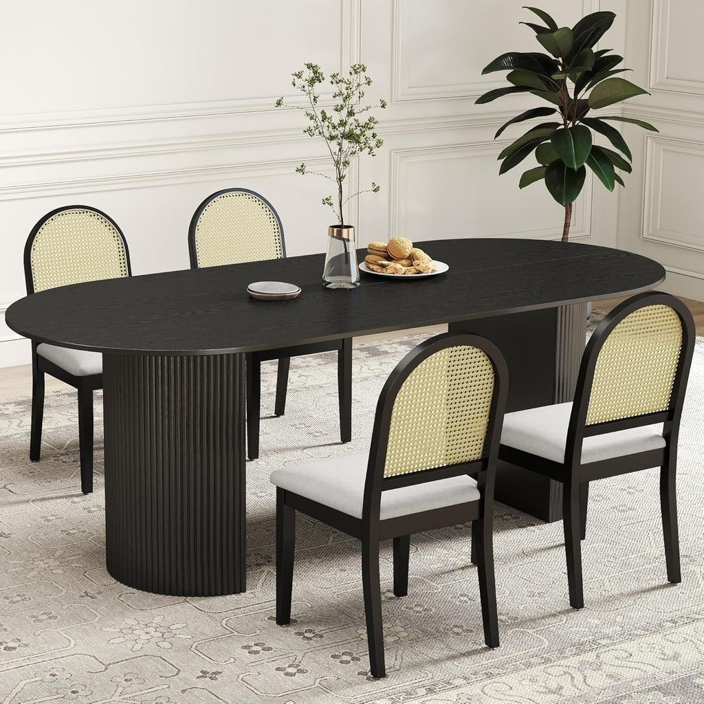 Set of 2 Vintage Farmhouse Dining Chairs with Velvet Upholstery & Rattan Backrests