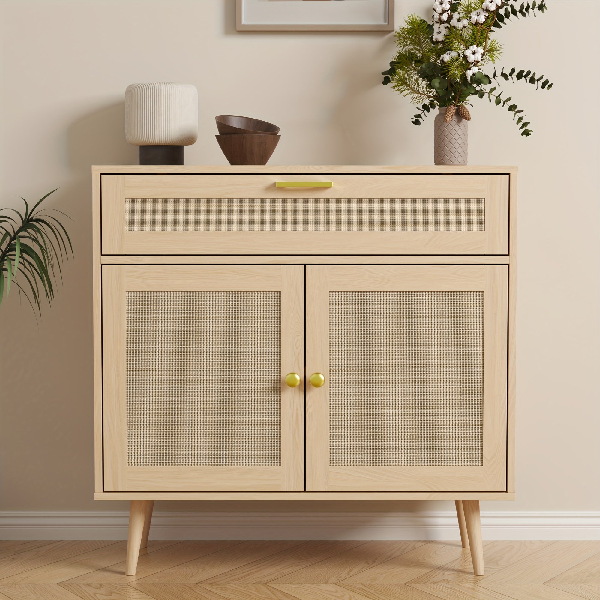 MHOM Rattan Buffet Sideboard Cabinet with Storage, Boho Kitchen Cabinet with Drawer & 2 Doors