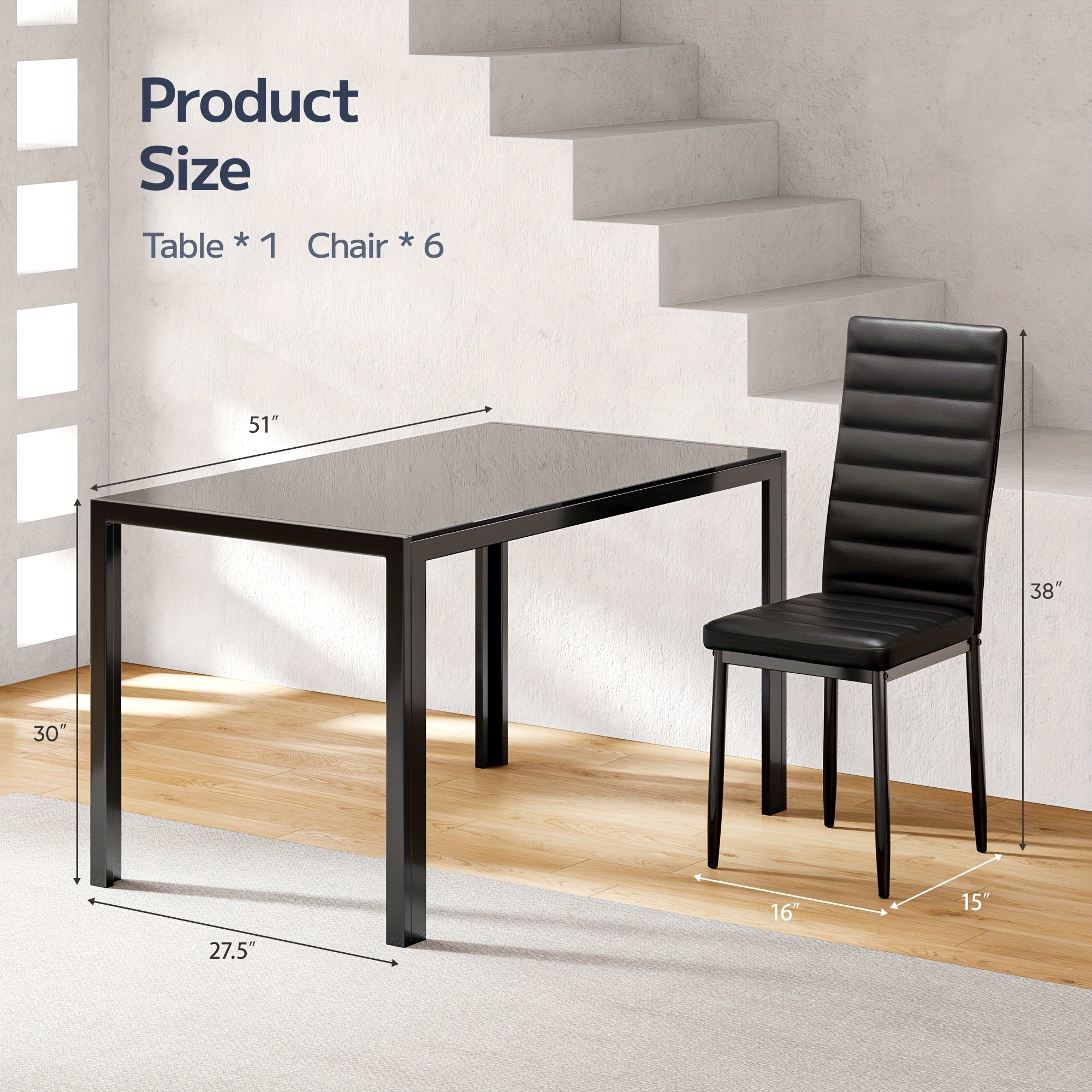 Glass Dining Table Sets for 6, 7pcs Kitchen Table and Chairs Set for 6 Person