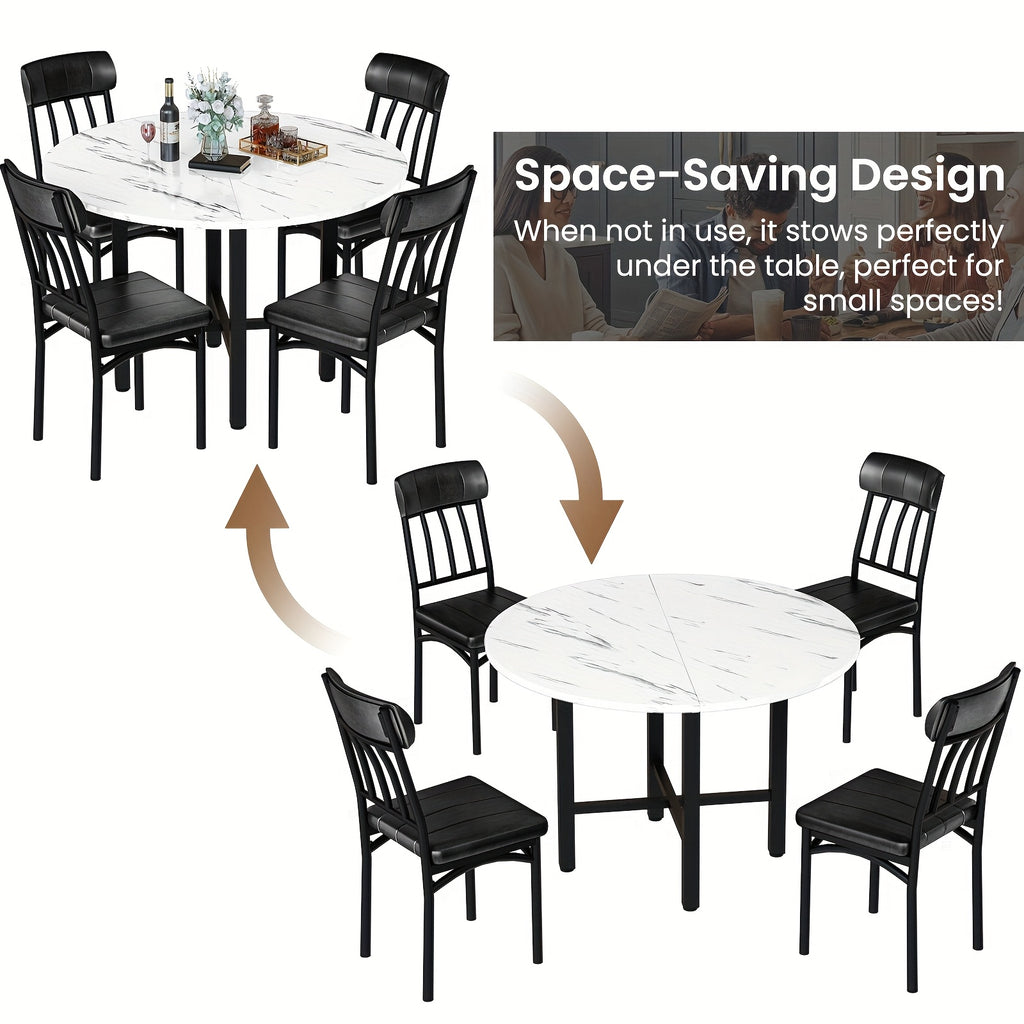 5pcs Dining Table And Chairs Set - Wooden Circle Table With 4 Faux Leather Seats, Kitchen Or Small Dining Spaces