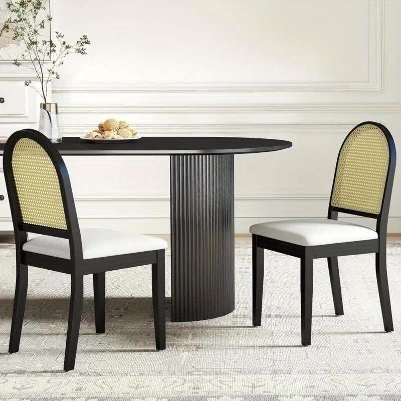 Set of 2 Vintage Farmhouse Dining Chairs with Velvet Upholstery & Rattan Backrests