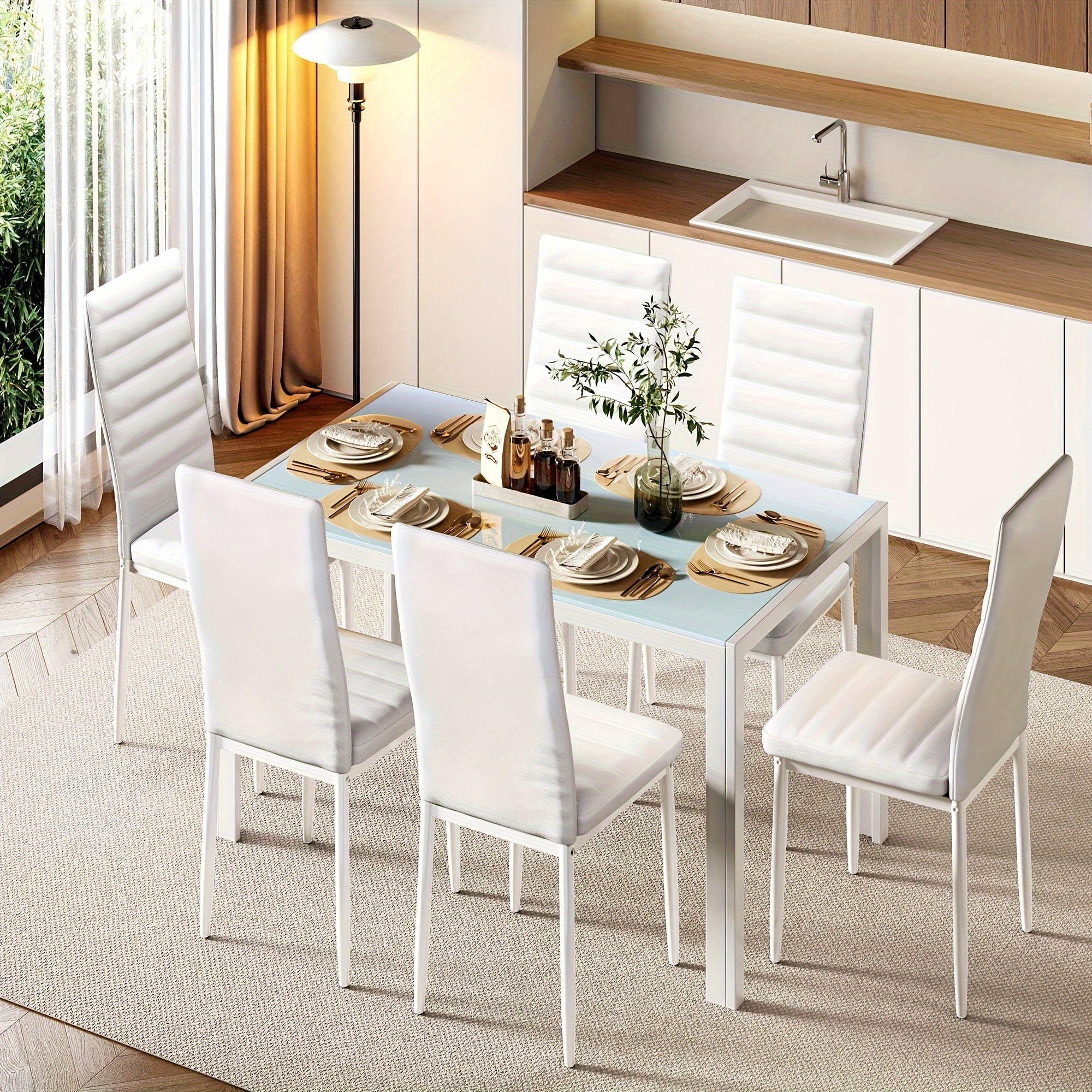 Glass Dining Table Sets for 6, 7pcs Kitchen Table and Chairs Set for 6 Person