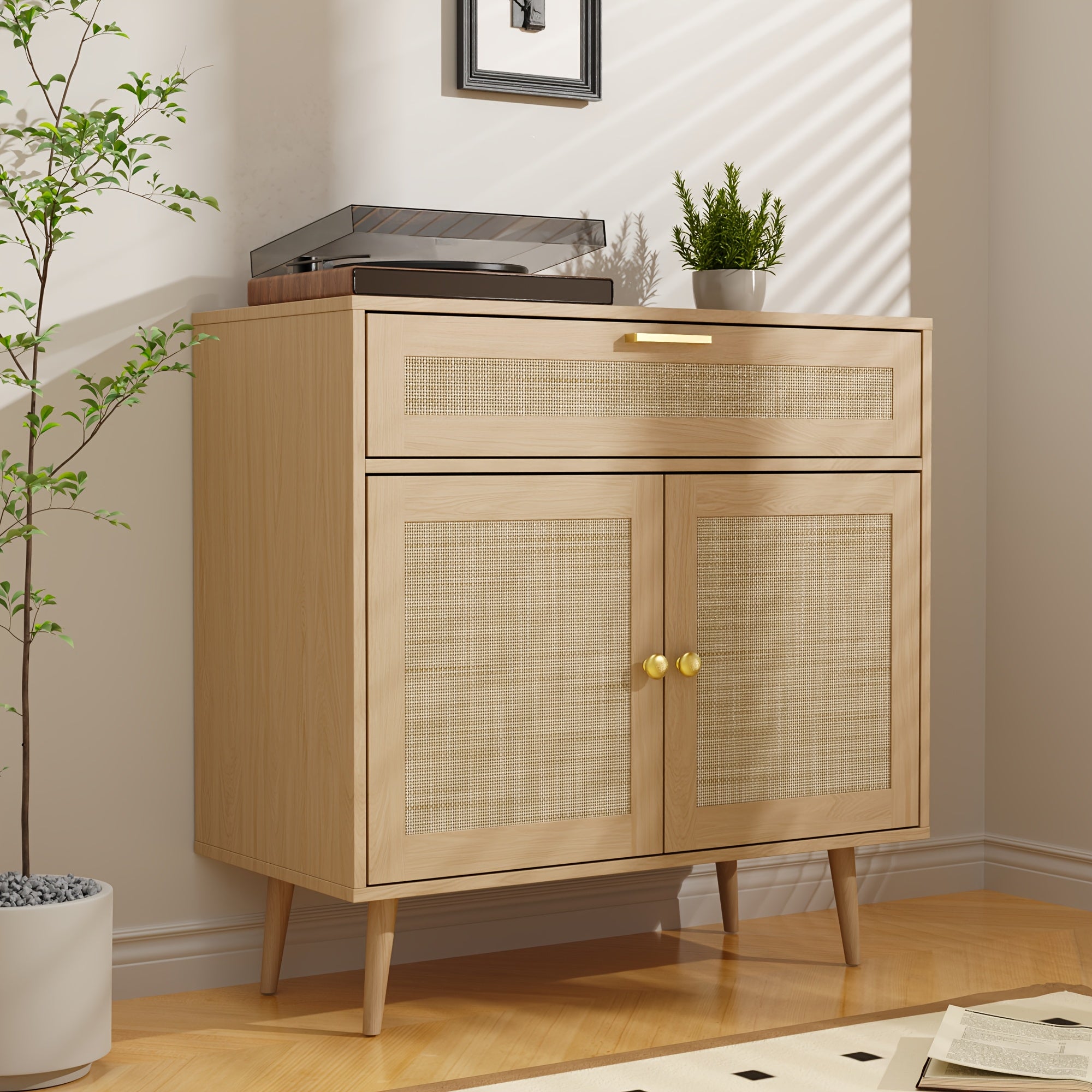 MHOM Rattan Buffet Sideboard Cabinet with Storage, Boho Kitchen Cabinet with Drawer & 2 Doors
