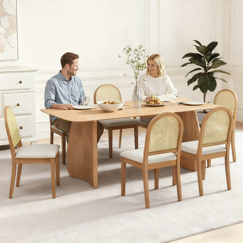 Set of 2 Vintage Farmhouse Dining Chairs with Velvet Upholstery & Rattan Backrests