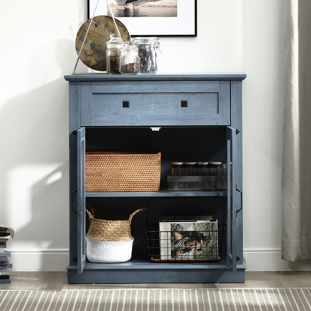 Contemporary Blue Buffet Cabinet with Glass Doors & Adjustable Shelves - 3.2+ Cubic Feet Storage