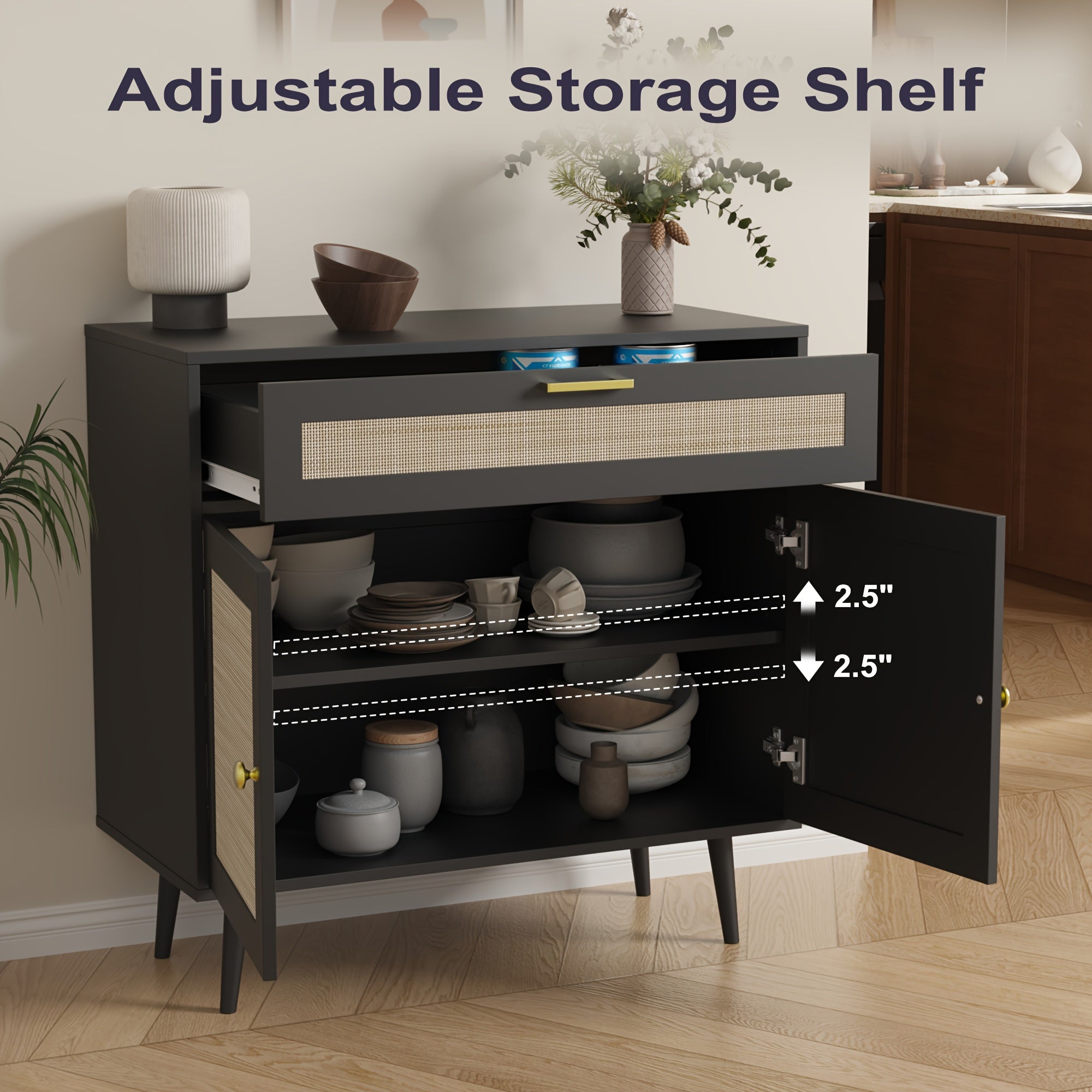 MHOM Rattan Buffet Sideboard Cabinet with Storage, Boho Kitchen Cabinet with Drawer & 2 Doors