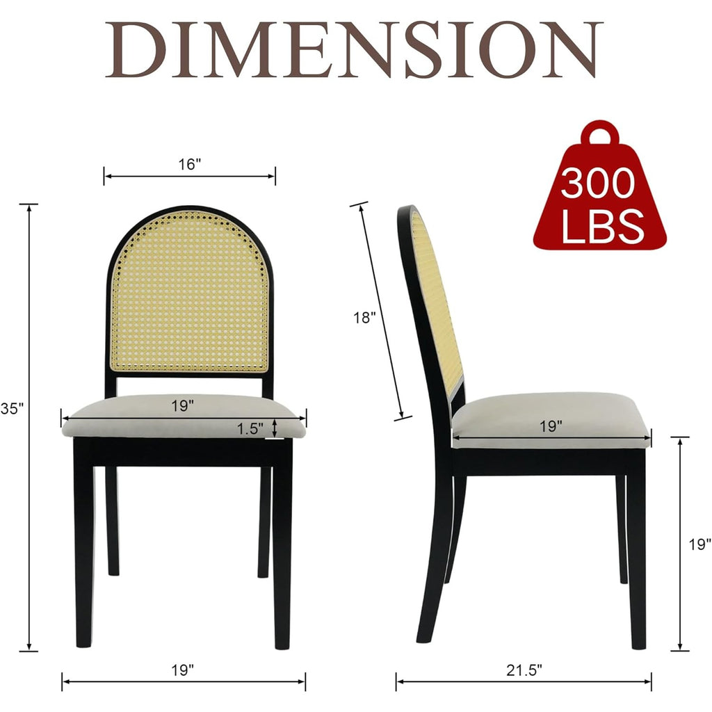 Set of 2 Vintage Farmhouse Dining Chairs with Velvet Upholstery & Rattan Backrests