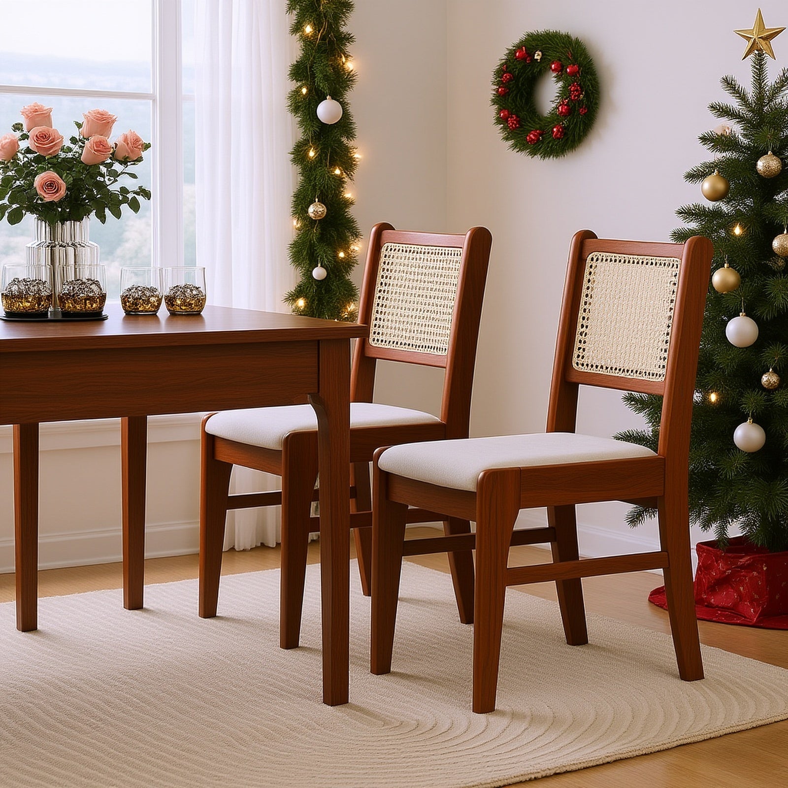 LIFEZEAL Rattan Dining Chair Set of 2, Wooden Kitchen Chairs w\u002F Cane Back