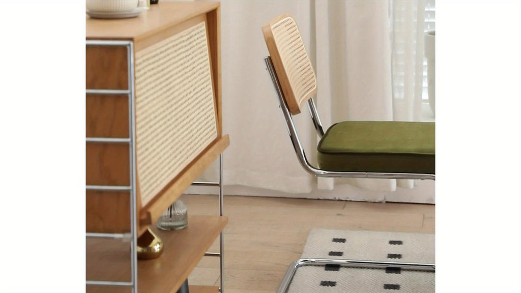 Set of Two Dining Chairs Featuring Velvet And Rattan, Designed with Chrome Legs