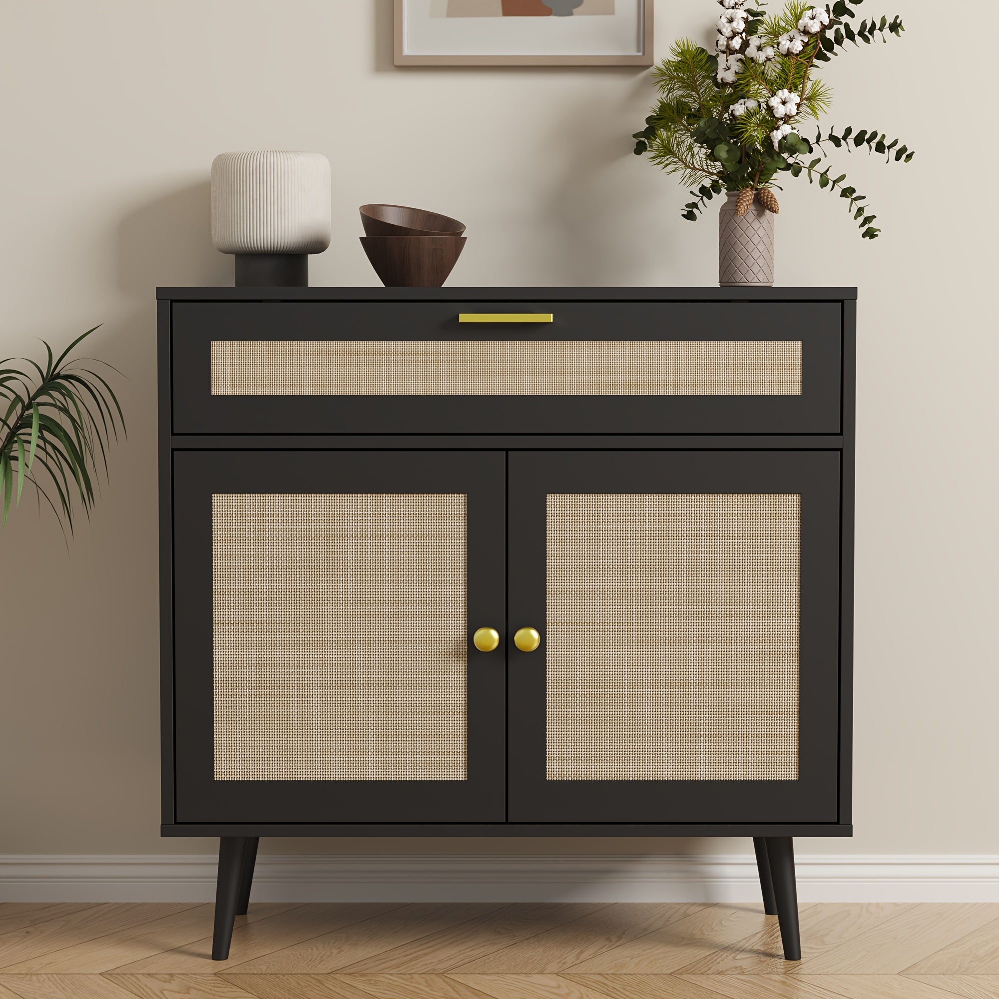 MHOM Rattan Buffet Sideboard Cabinet with Storage, Boho Kitchen Cabinet with Drawer & 2 Doors