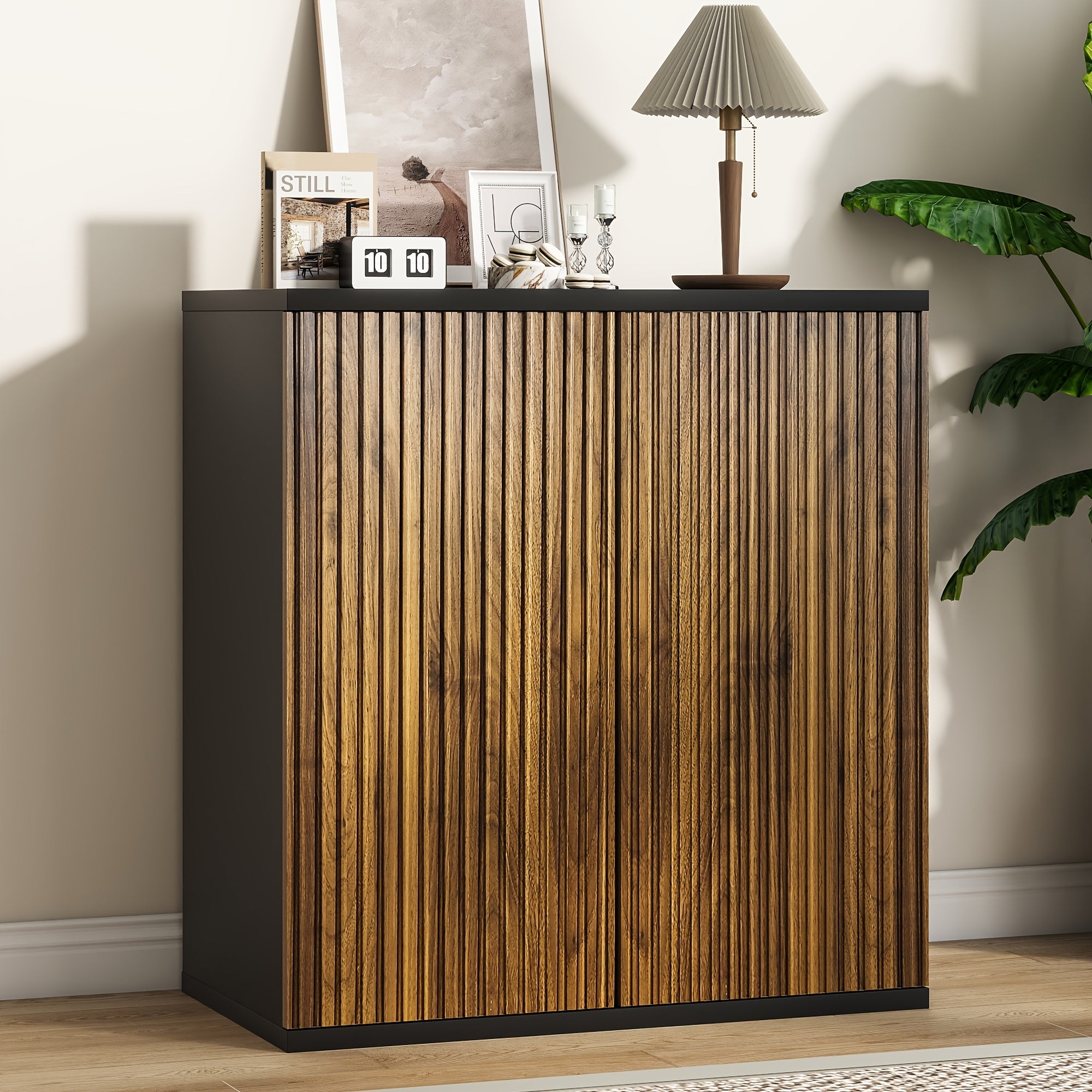 Vertical Ribbed Walnut End Thermoformed Two-Door Cabinet