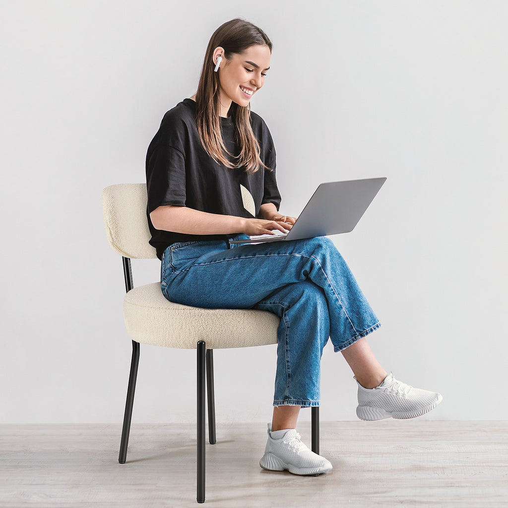 Dining Chairs Set of 2, Boucle Upholstered Kitchen Chairs with Curved Backrest & Metal Legs