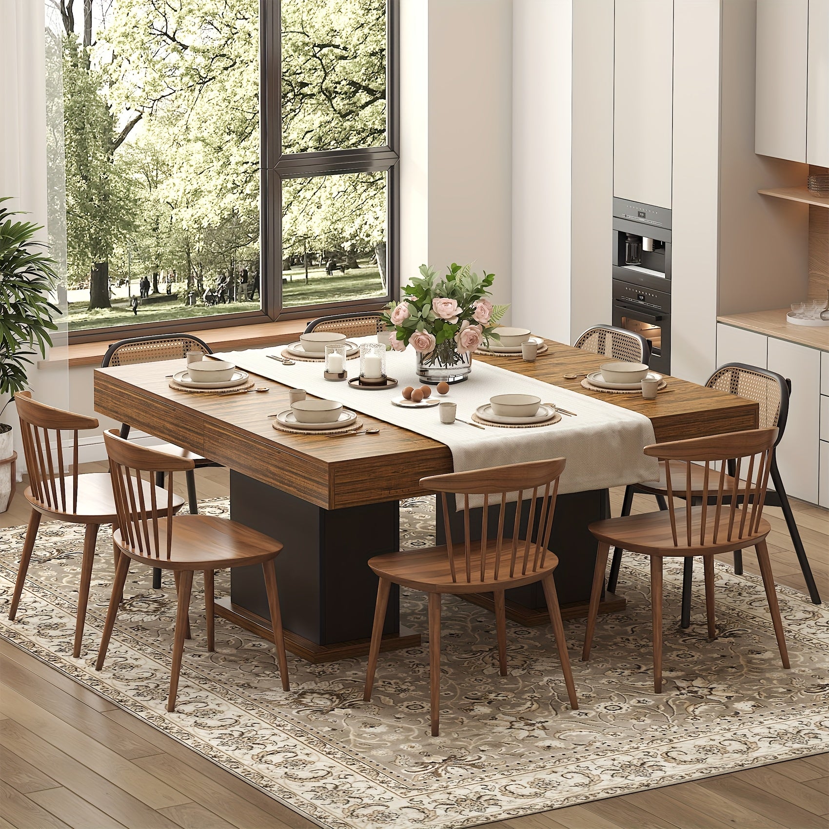 Dining Table for 6 People, Large Rectangular Wood Kitchen Table with 2 Drawers