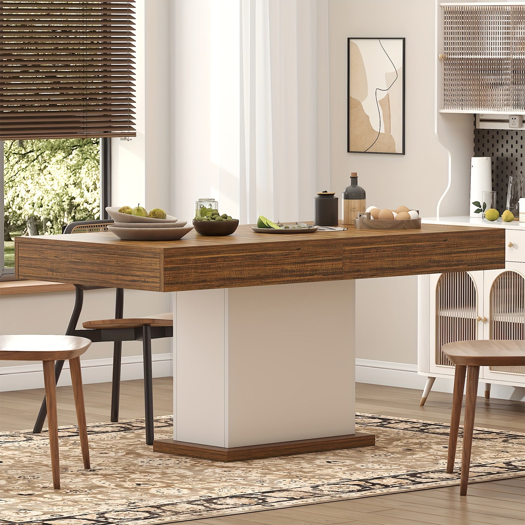 Dining Table for 6 People, Large Rectangular Wood Kitchen Table with 2 Drawers