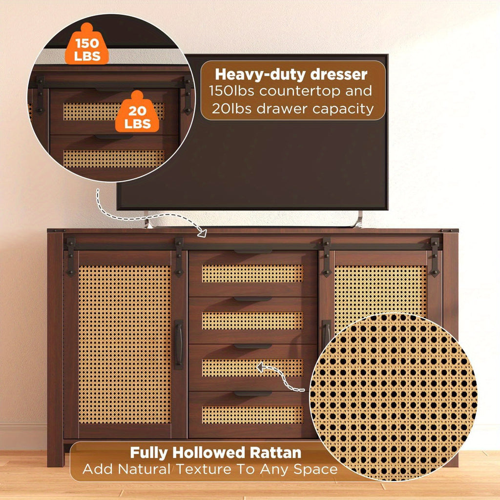 Farmhouse Sideboard Buffet with Sliding Barn Doors & Rattan Details