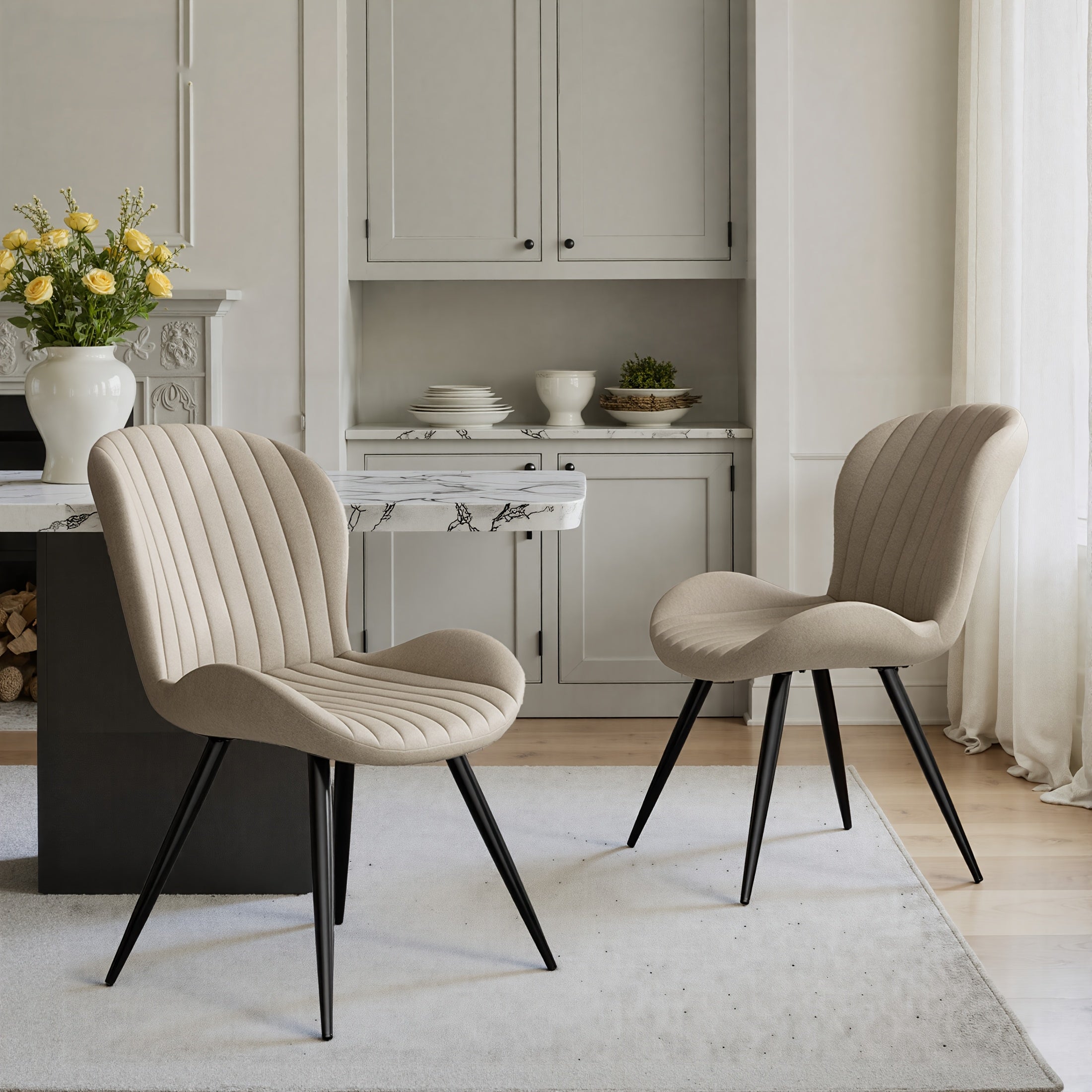 Set Of 2\u002F4 Dining Chairs, Boucle Upholstered Kitchen Chairs with Curved Backrest & Metal Legs
