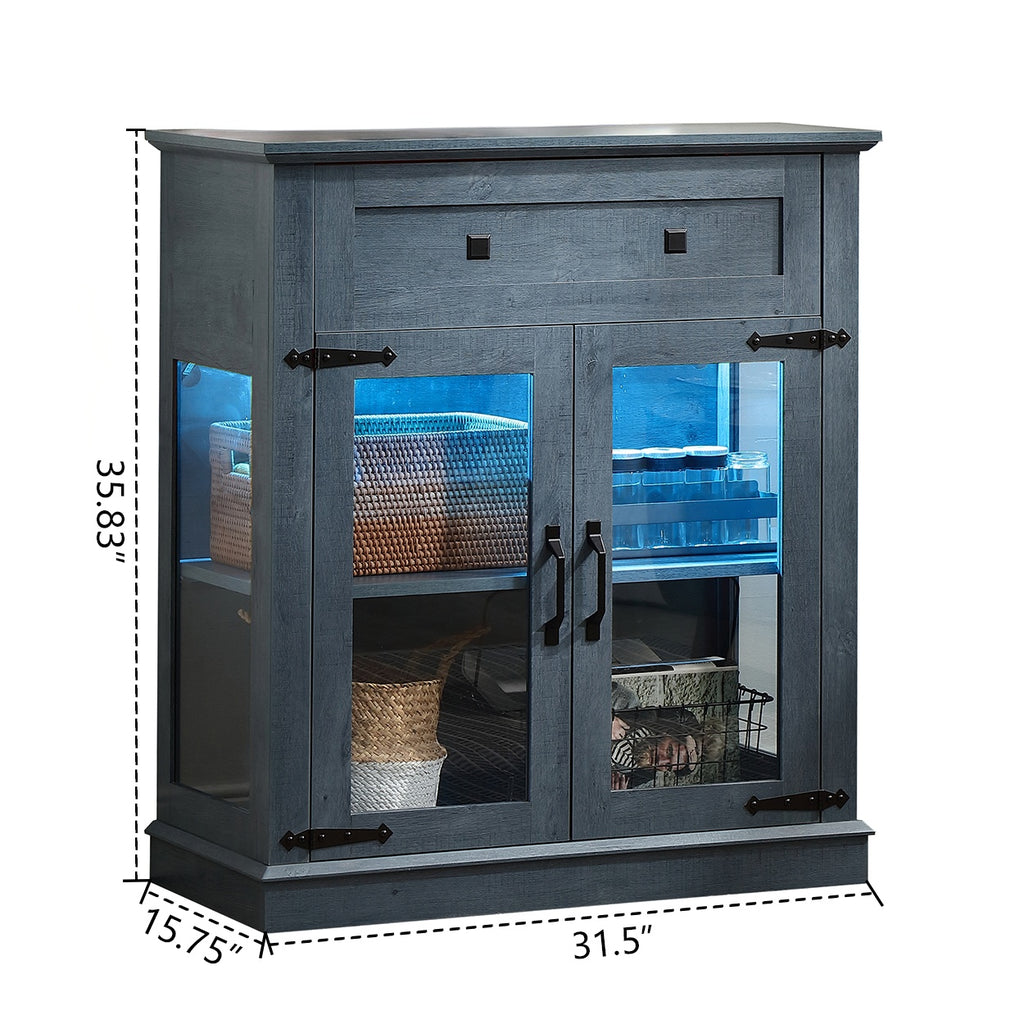 Contemporary Blue Buffet Cabinet with Glass Doors & Adjustable Shelves - 3.2+ Cubic Feet Storage