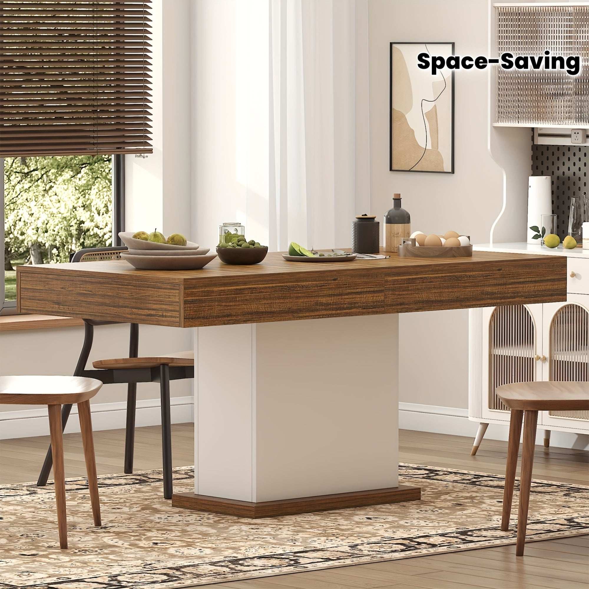 Dining Table for 6 People, Large Rectangular Wood Kitchen Table with 2 Drawers