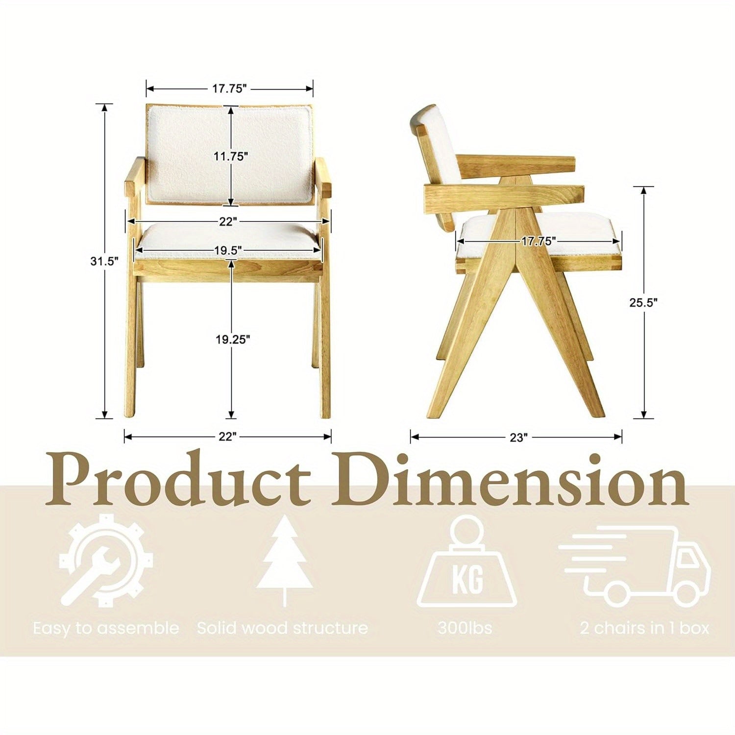 Set of 2 Modern Farmhouse Dining Chairs with Arms Boucle Upholstered Dining Room