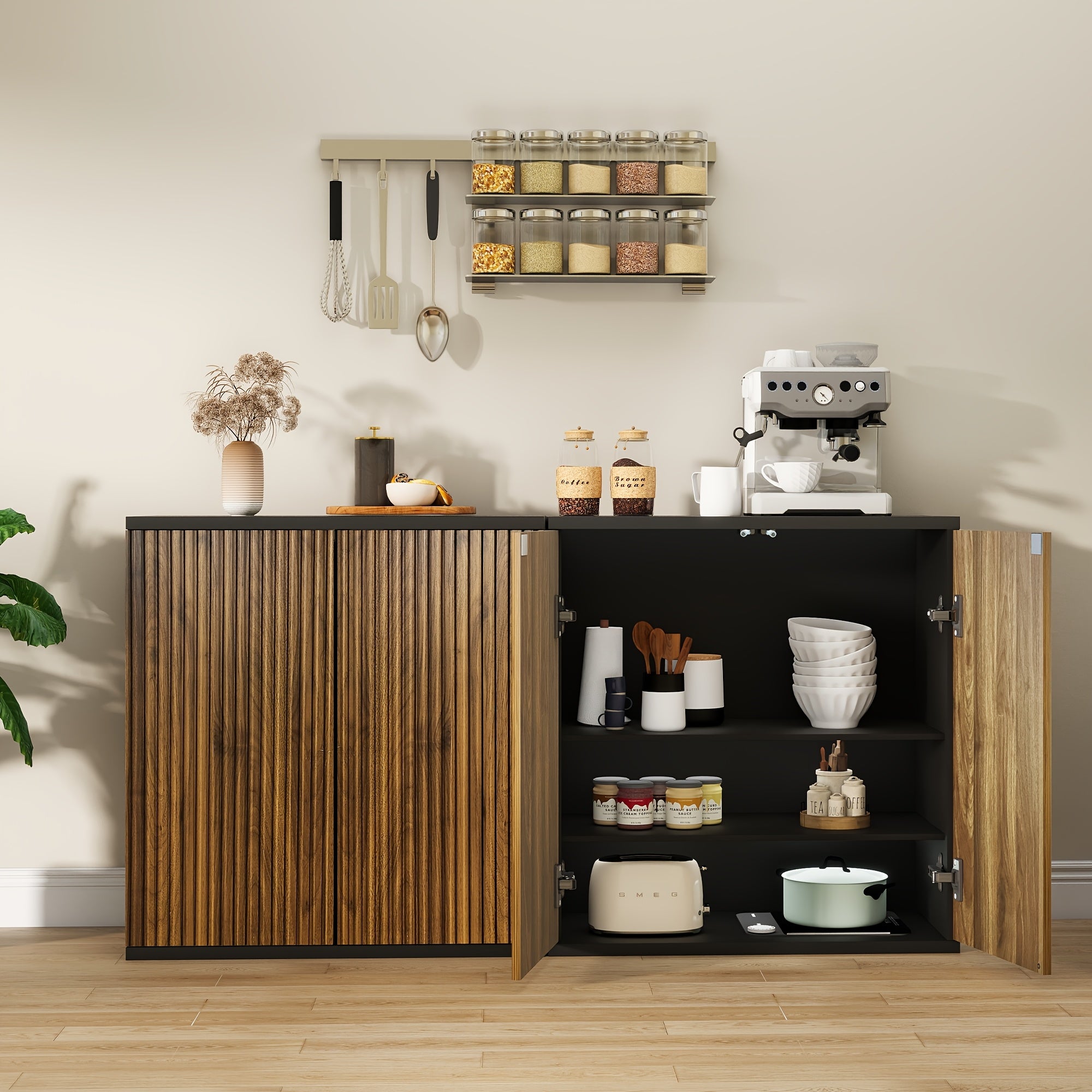 Vertical Ribbed Walnut End Thermoformed Two-Door Cabinet